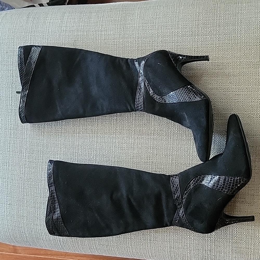 Black Suede Heeled High Boots - Size 6.5